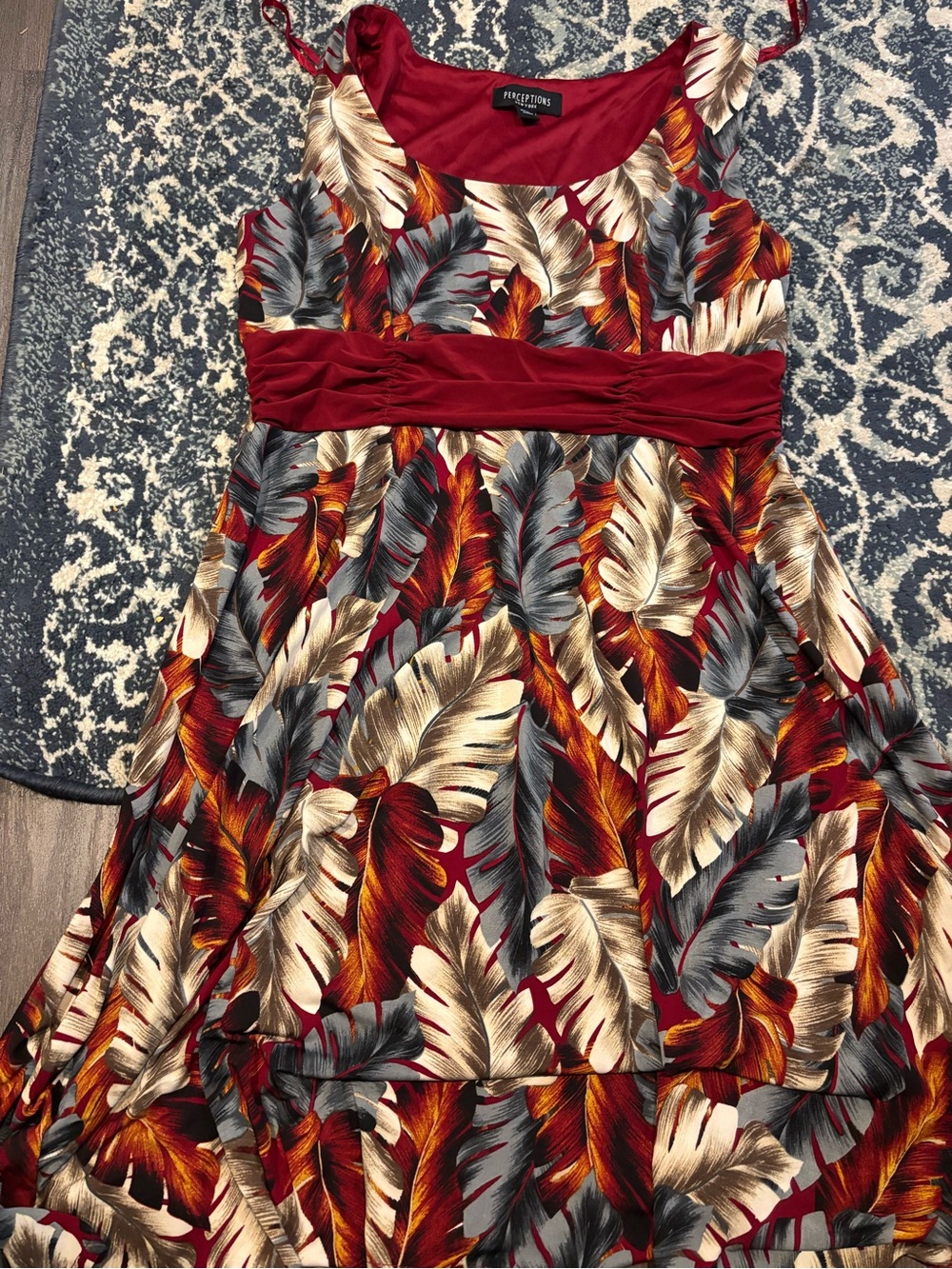 Perceptions Burgundy Tropical Feather-Print Midi Dress